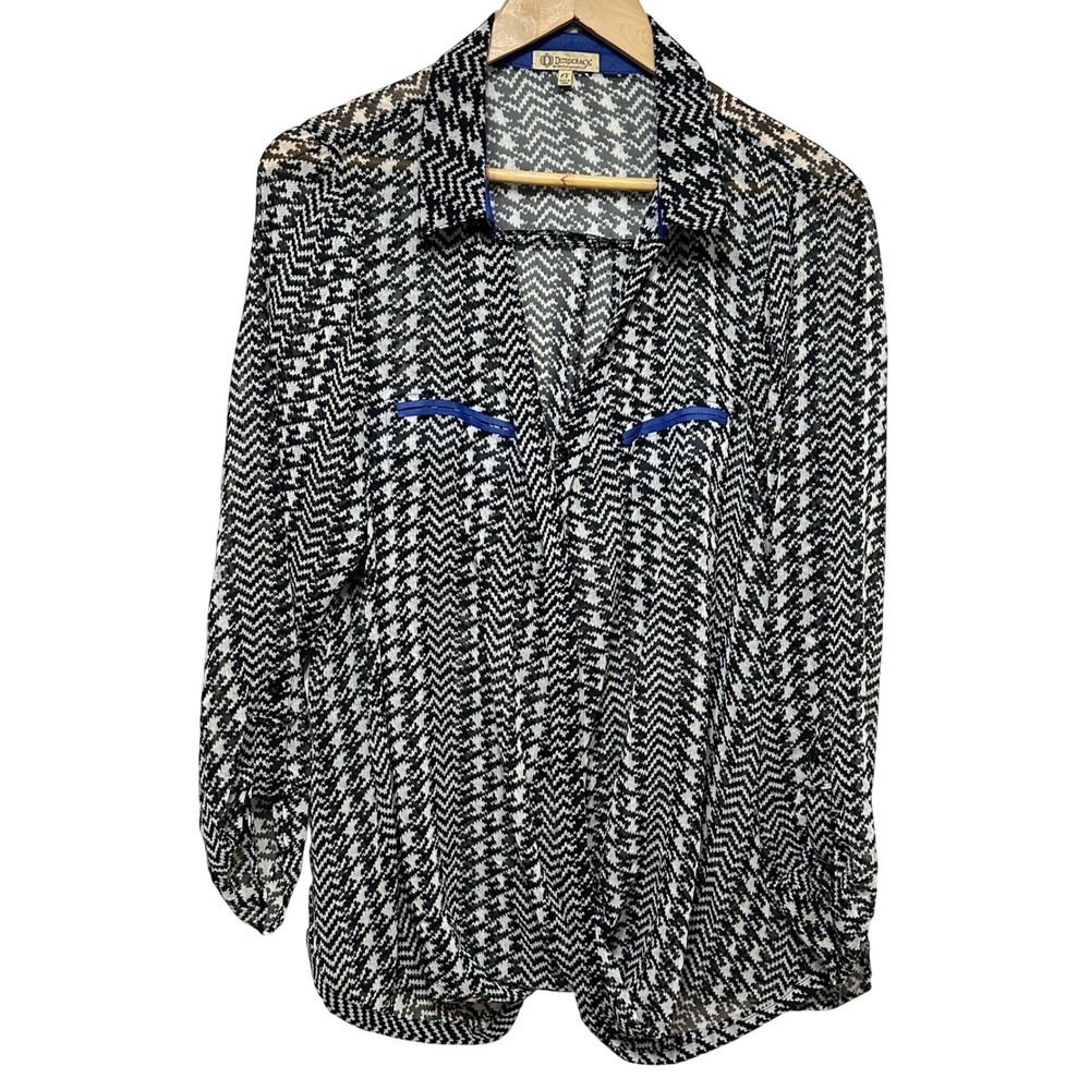 Democracy Cross Front Blouse Women‎ 1X Houndstooth Sheer Roll Tab Sleeve Classic